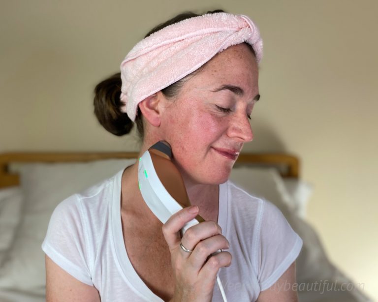 Me treating my jawline with the Sensica Sensilift at-home skin tightening device. It feels rather nice.