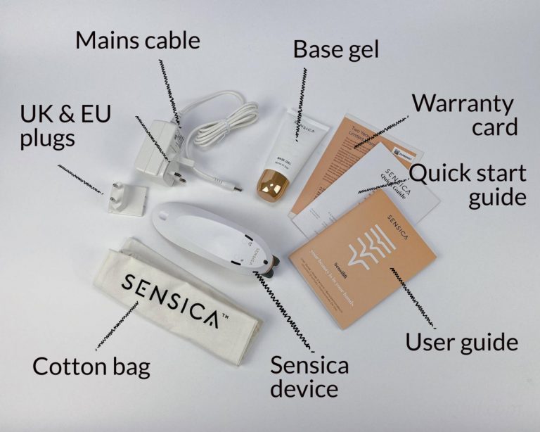 All the Sensica Sensilift kit conveniently labelled: Sensilift device, Base gel, Mains cable, UK & EU plugs, cotton bag, User guide, Quick start guide, Warranty card