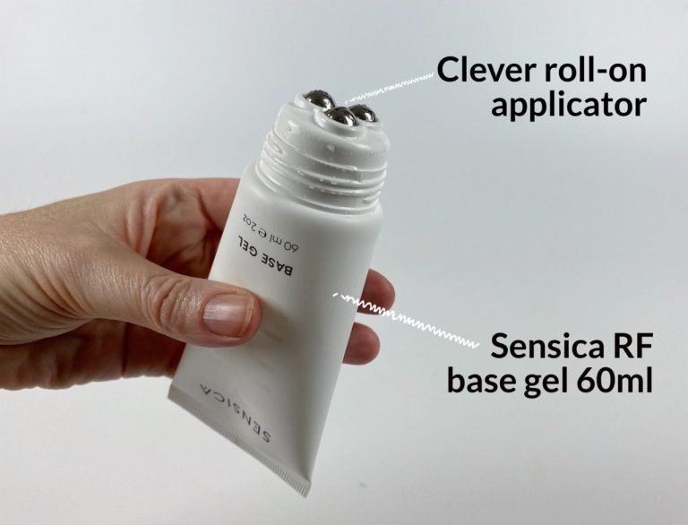 The Sensica RF prep gel conducts the RF current and sends it into your skin. The 60ml tube has a clever roll-on applicator to keep your hands clean and apply just a thin layer.