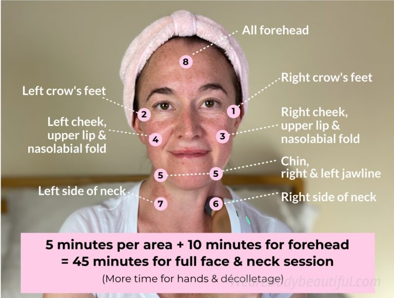The treatment zones for a full face and neck session with the Sensilift. Treat each of the followng for 5 mins each: 1) right crow's feet, 2) left crow's feet, 3) right cheek, upper lip and nasolabial fold, 4) left cheek, upper lip and nasolabial fold, 5) left jawline, chin and right jawline, 6) right side of neck 7) left side of neck. And, treat for 10 min 8) all the forehead. Total time 45 minutes.