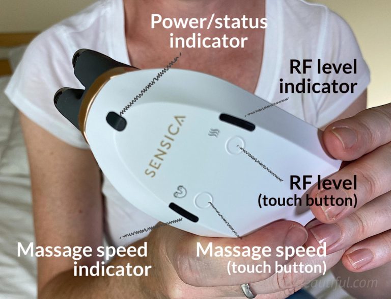 Close up of the controls on top of the Sensilift device showing the power/status indicator, RF level button and ondicator, MAssage speed button and indicator.