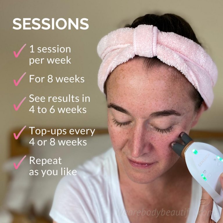 Use the Sensica Sensilift for 1 session per week for 8 weeks. See results in 4 to 6 weeks. After 8 weeks do top-ups every 4 to 8 weeks. Repeat this regimen as often as you like.