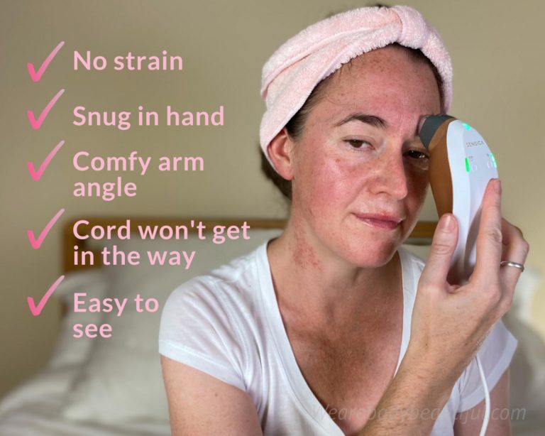 The Sensica Sensilift is the most comfy at-home RF device because there's no strain with a comfy grip, it fits snug in hand, it's angled so you can hold your arm at a comfy angle, the cord stays out the way, and it's easy to see what your doing in a mirror
