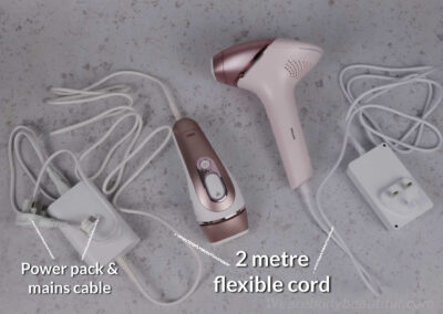 Both the Pro 7 IPL and Lumea 9000 series have 2 metres of flexible power cord. The Pro 7 has a power pack and mains plug at the end, whereas the 9000 series is a neater compact design.