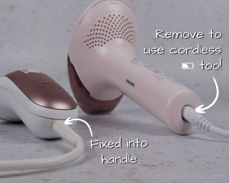 The Pro 7 power cord is fixed into the handle but the snug-fit 9000 series cord is removable so you can use it on battery power too!