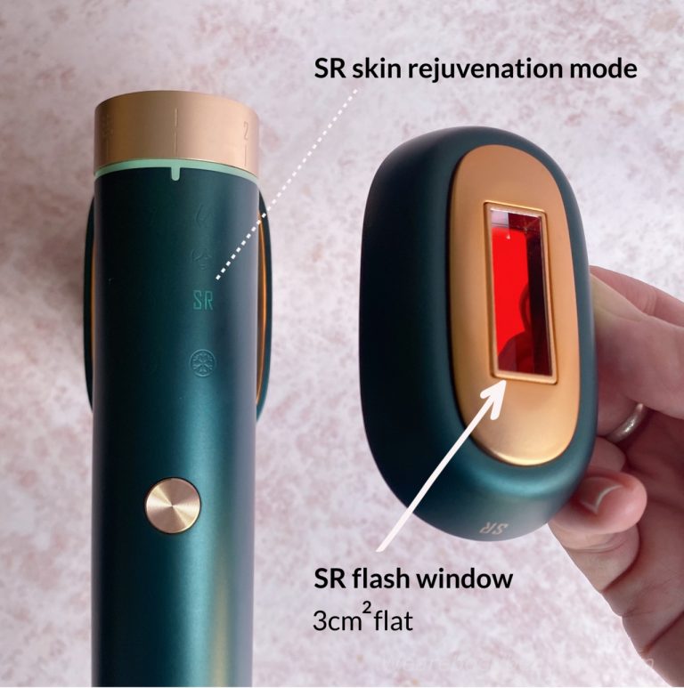 For your skin rejuvenation, choose ‘SR’ mode and attach the 1 by 3cm flat flash window