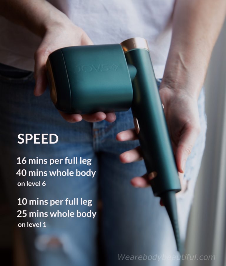 My speed test results with the JOVS Venus Pro: On the highest level 6 the flashes are slower. I can zap my full leg in 16 minutes and do my whole body in around 40 mins. On level 1, it takes around 10 mins per full leg and 25 mins for my whole body.