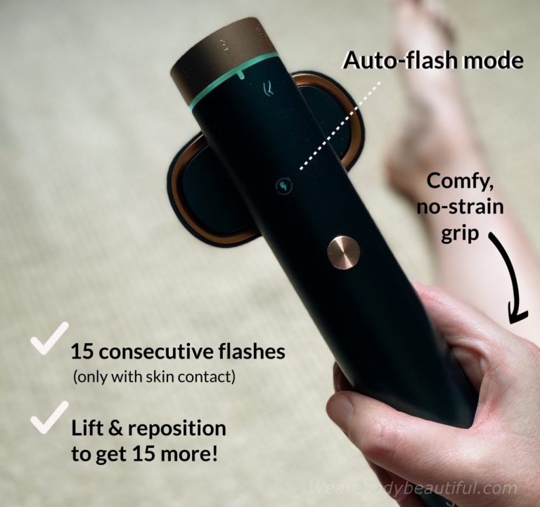 Auto-flash mode on the JOVS Venus Pro gives 15 flashes in a row when it has skin contact. Lift & reposition to continue.