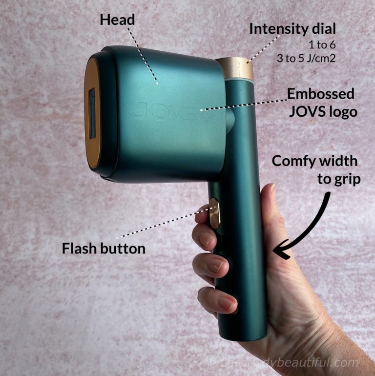 The large rectangular head, flash button, and golden intensity dial on the JOVS Venus Pro IPL device.