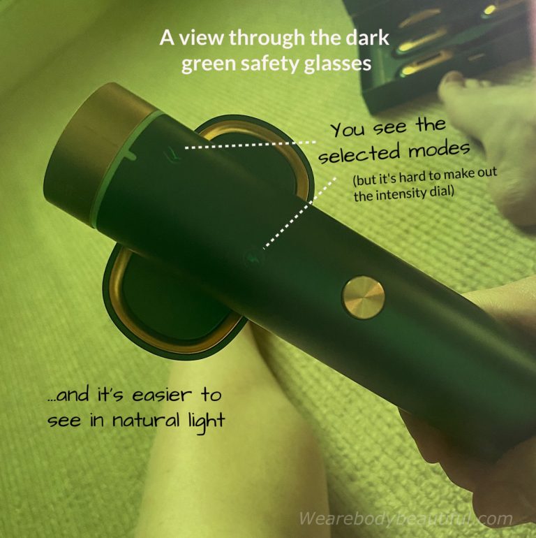The JOVS Venus Pro safety glasses are very dark green, but your eyes get used to them. You can easily see the selected mode icons, but it’s hard to make out the numbers on the intensity dial