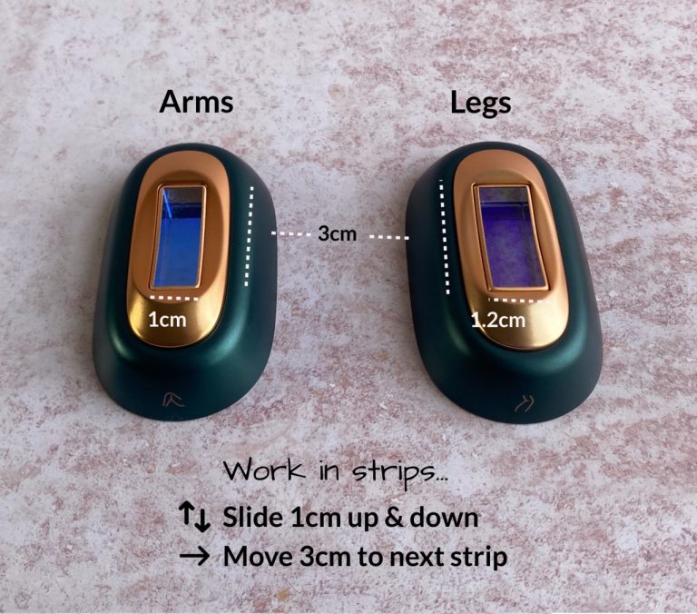 For legs & arms: Slide the Venus Pro 1cm between flashes, and work in strips 3cm wide