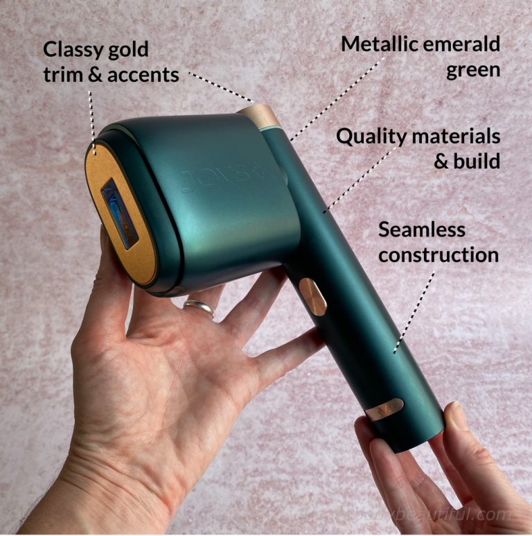 The JOVS Venus Pro IPL is metallic emerald green, with classy gold trim & accents, and a seamless, quality build & materials