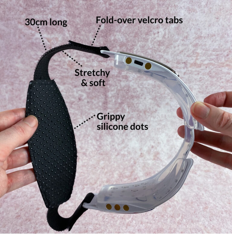 The Eye Perfector head strap is 30cm long, but stretchy & soft, with grippy silicone dots at the back, and fold-over velcro tabs.