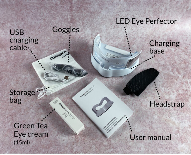 The contents of the CurrentBody Skin Eye Perfector kit: LED Eye Perfector, Headstrap, User manual, USB charging cable, Charging stand, Storage bag, and Goggles