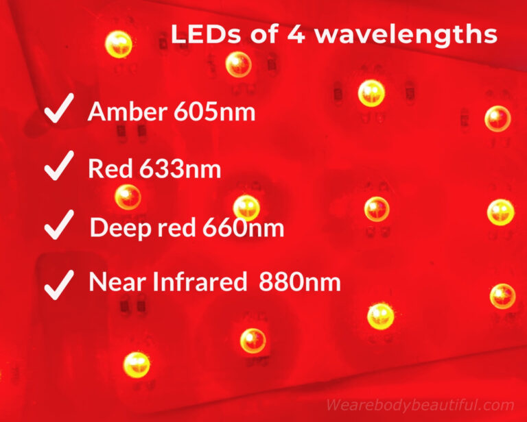The Eye Perfector mask has LEDs of 4 wavelengths: Amber 605nm, Red 633nm, Deep red 660nm, and Near Infrared 880nm.