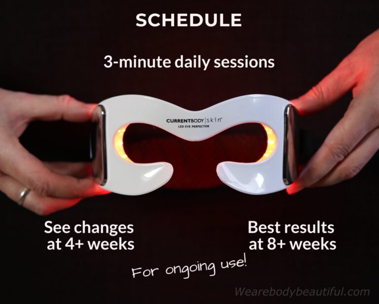 The treatment schedule for the Eye Perfector is 3-minute daily sessions. You’ll see changes at 4+ weeks,  and best results at 8+ weeks. It’s for ongoing use.