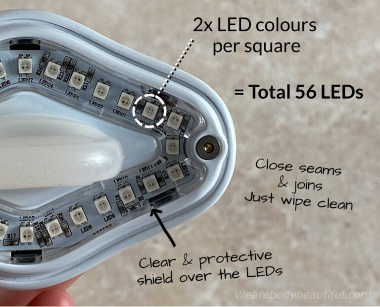 In this even closer photo of the Lip Perfector you can see each square is split into 2x LED colours so that’s a total of 56 LEDs in the circuitry. They’re protected behind a clear plastic shield, just wipe the device clean after use. It has close seams and a quality build.