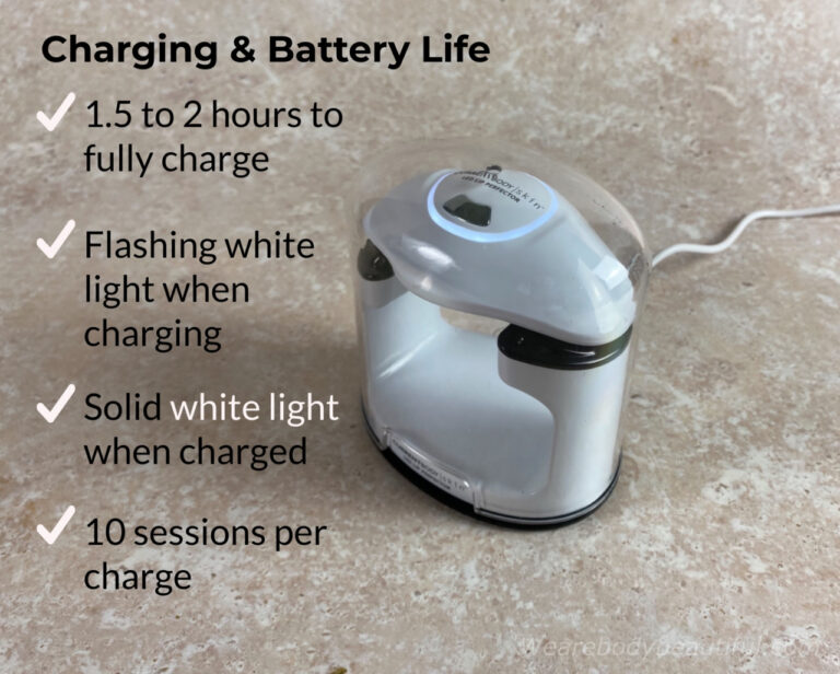 It takes 1.5 to 2 hours to fully charge, the light flashes white when charging, and the light is solid white when fully charged, and you get around 10 sessions per charge.