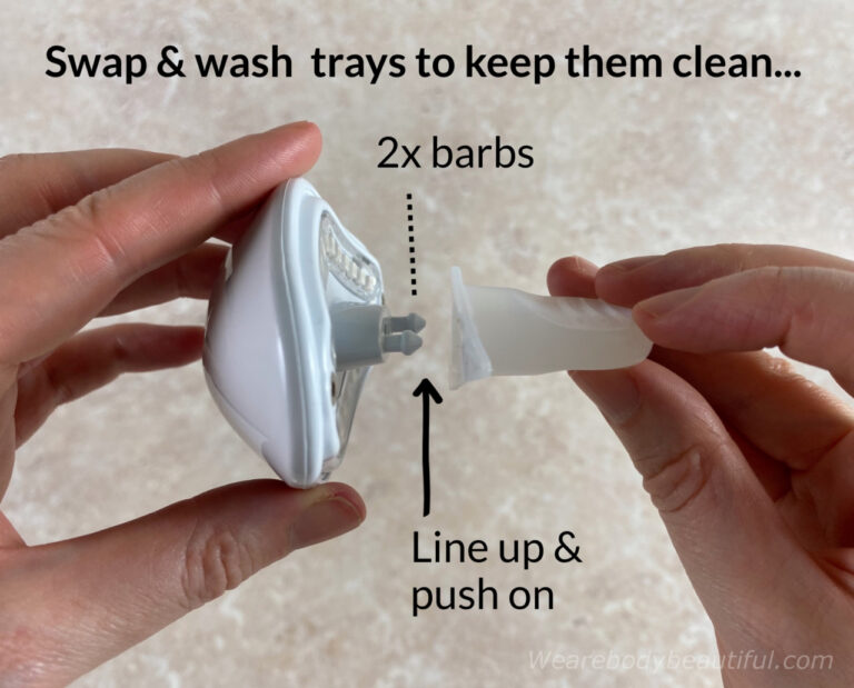 Line up the 2 barbs on the device with the holes in the mouth tray and push on. The barbs keep it secure without gaps.