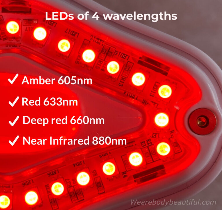 LEDs of 4 wavelengths: Amber 605nm, Red 633nm, Deep red 660nm, Near Infrared 880nm. Photobiomodulation energises your cells