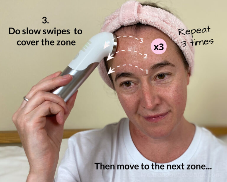 STEP 3: Do slow swipes with the Mira-skin wand to cover the zone, then repeat 3 times. Then move to the next zone...