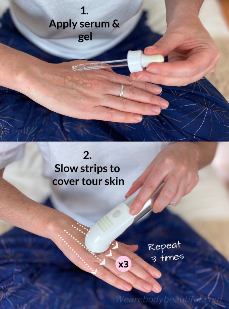 To treat your hands: First, apply your preferred serum and let is soak in. Then apply the ultrasound gel. Second, turn on the ultrasound wand and glide it in slow swipes to cover your skin, swiping in one consistent direction. Repeat 3 times.