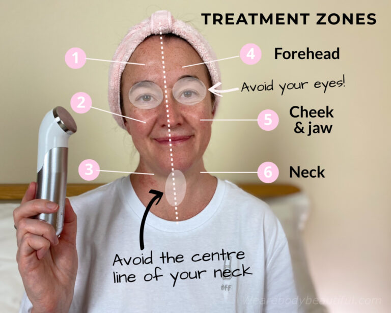 Work on one half of your face and divide it into 3 sections starting with your forehead, then cheeks and jaw, and then your neck. Then do the other side so a total of 6 treatment zones. Avoid the centre line of your neck!