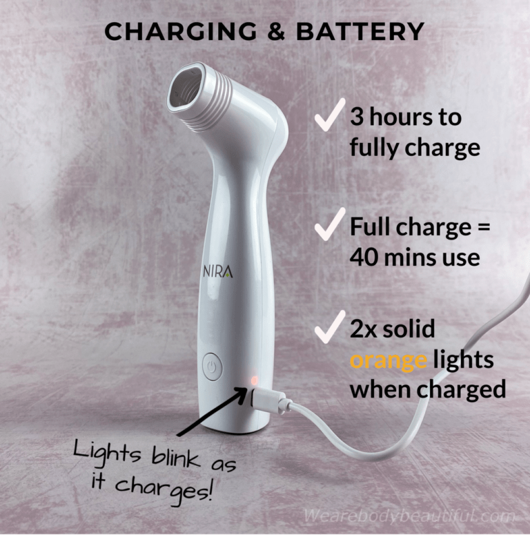 Charging & battery life for the NIRA Pro laser: It takes 3 hours to fully charge, A full charge lasts 40 mins of use (roughly 3 days if zapping all treatment areas), You’ll see 2 solid orange lights when it’s fully charged, and the same lights blink whilst it charges.
