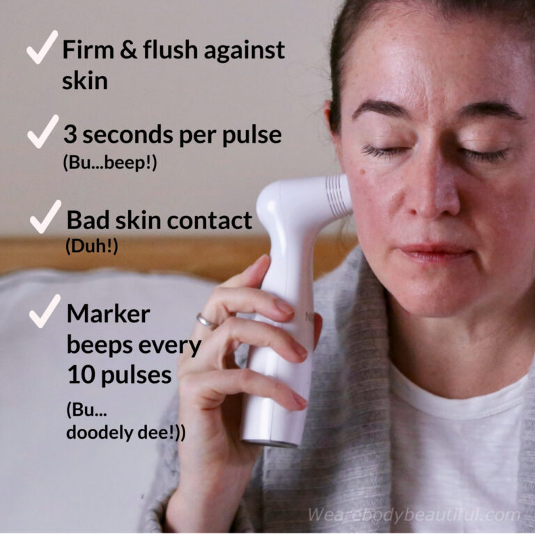 Hold the laser firm & flush against your skin. Each pulse takes 3 seconds and uses a “Bu…beep!” sound to let you know when it’s started and finished. You’ll hear a “Duh!” error noise if you lose skin contact and the pulse won’t finish. There are also marker beeps every 10 pulses.