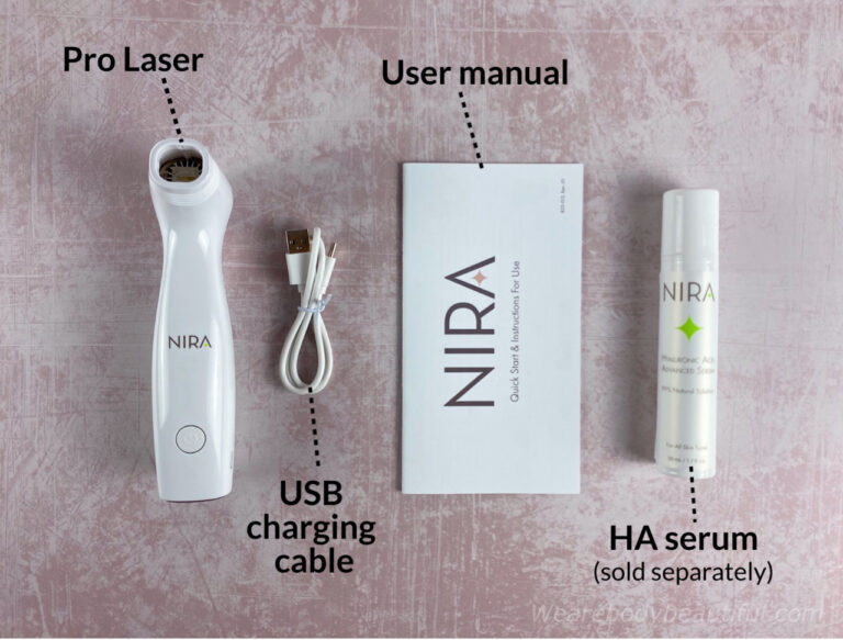 In the NIRA Pro Laser kit: NIRA Pro laser, USB charging cable, User manual, and NIRA Hyaluronic Acid serum is sold separately
