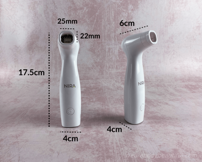 The NIRA Pro laser is 17.5cm tall, 4cm wide & 4cm deep. The treatment head is 6cm long and 4cm wide tapering to the rounded square-shape laser aperture, at 25mm wide and 22mm high.