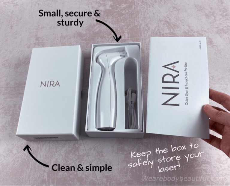 The box is small & sturdy, and keeps everything secure. The design and branding is clean & simple. Keep the box to safely store the NIRA Pro Laser!