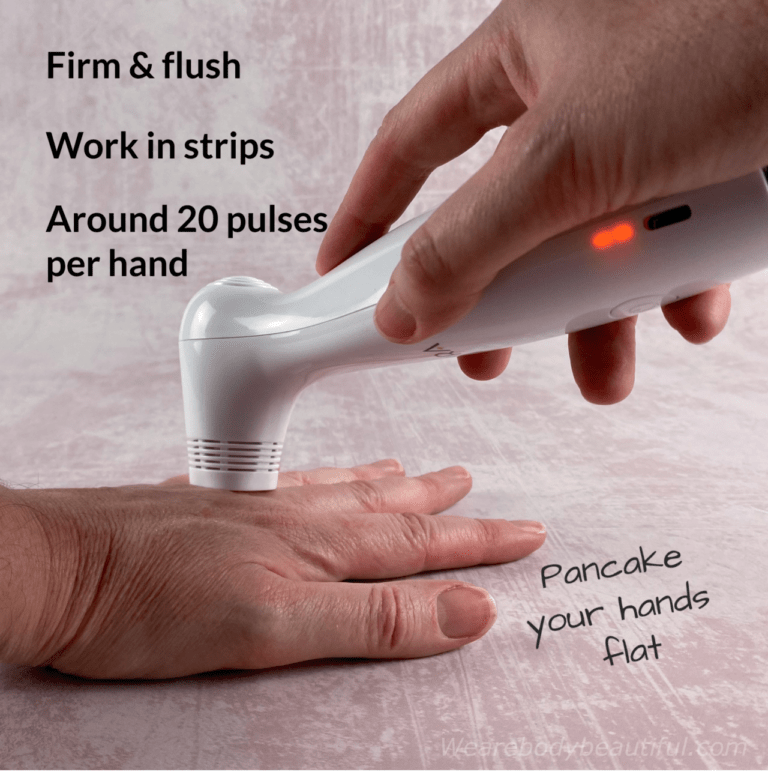 Pancake your hands flat and use firm pressure to easily get a flash with the Pro laser on the backs of your hands. Work in up-and-down or left-to-right strips covering your skin with slight overlap. For me it takes around 20 pulses per hand.