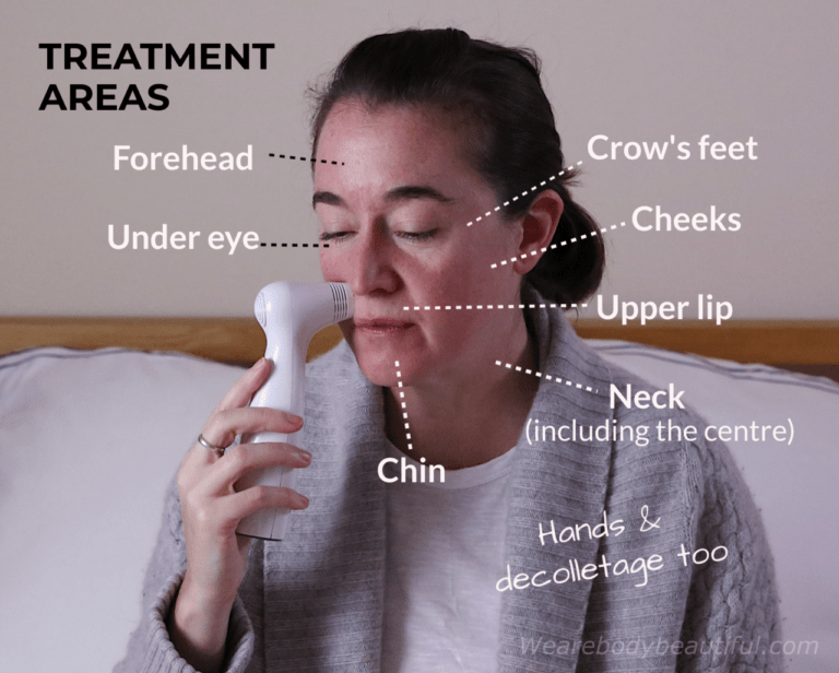 Treatment areas with the NIRA Pro Laser: Forehead, cheeks, undereye, upper lip, chin, neck, décolletage, hands. And, unlike most other technologies, it’s safe to use on the centre line of the neck!