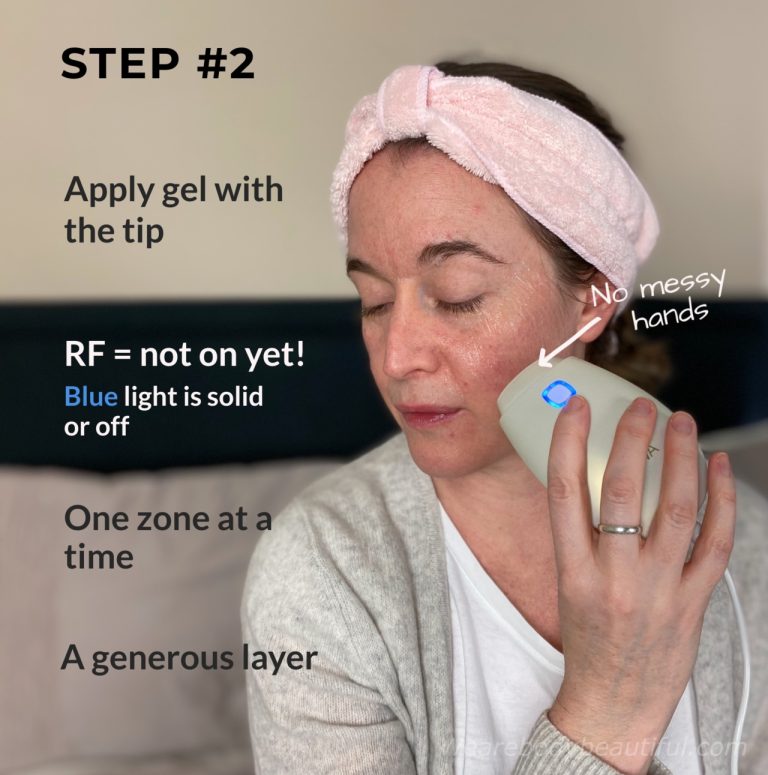 Step 2 using the NEWA: There’s no mess with the NEWA gel. Apply the gel to the first treatment zone using the device tip as an applicator. 