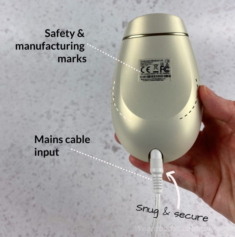 The back of the NEWA device shows the manufacturing safety marks. There’s a recessed mains input in the base where the cable fits snug and secure.