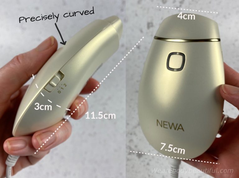 The NEWA device is small and lightweight. It’s a curved shape 11.5cm long, 7.5 cm at the widest point on the base, tapering to the 4 cm wide treatment head, and 3 cm deep at the precisely curved thumb grip. It weighs just 100g.