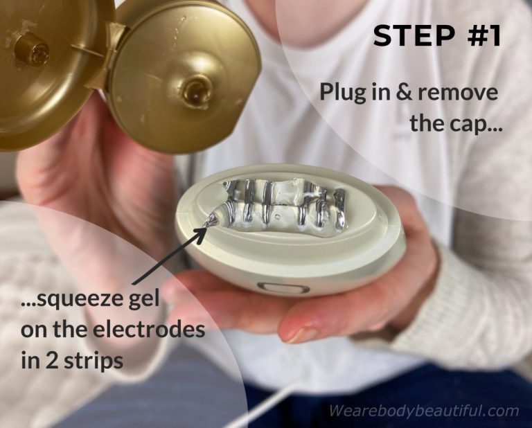 Step 1 using the NEWA: Plug in the device & remove the cap. Then, squeeze two strips of gel to cover the electrodes.