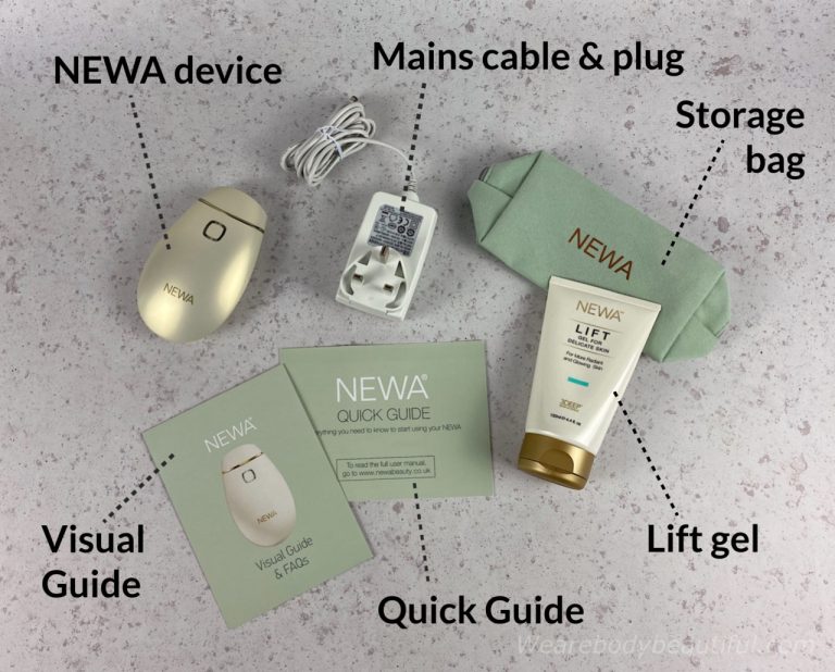 In the NEWA RF kit: NEWA RF device, Gel, Power supply (with UK plug here), Storage bag, Quick guide, Visual guide & FAQs