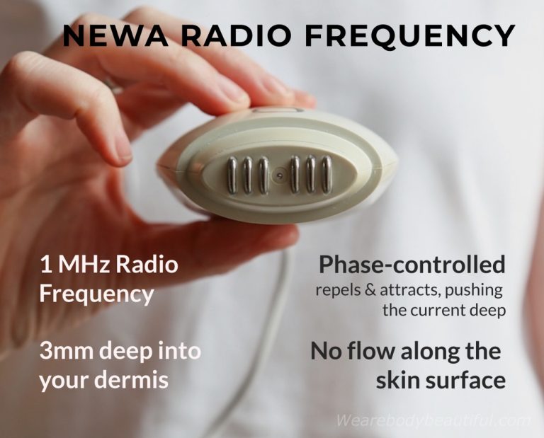 The 1 MHz Radio Frequency current is phase-controlled. This means it repels and attracts the flow from 3 pairs of electrodes. This sends the RF to a controlled depth of 3 mm into your dermis. There’s no flow along your skin surface, so there’s no pain because the epidermal layer won’t overheat.