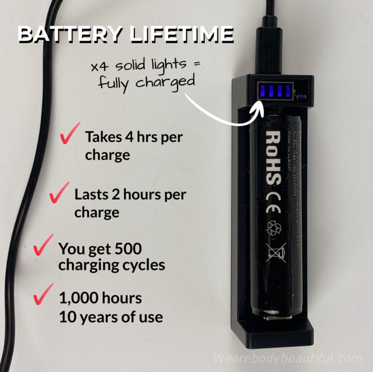 LYMA Laser battery lifetime: 500 charging cycles, 1,000 hours, 10 years of use, Battery charge: x4 lights = fully charged, takes 4 hours max, 2 hours of use