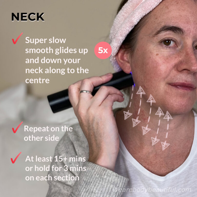 LYMA laser neck routine: Work along your neck to the centre in super-slow up-&-down glides, 5 reps per strip.