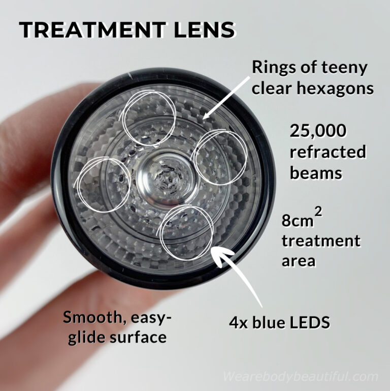 The LYMA laser business-end: The treatment lens is made of rings of tiny, clear hexagons which refract the laser 25,000 times around the 8cm2 lens. There are also 4x blue LEDs, and the lens has gently curved edges, and a smooth and easy-glide surface.