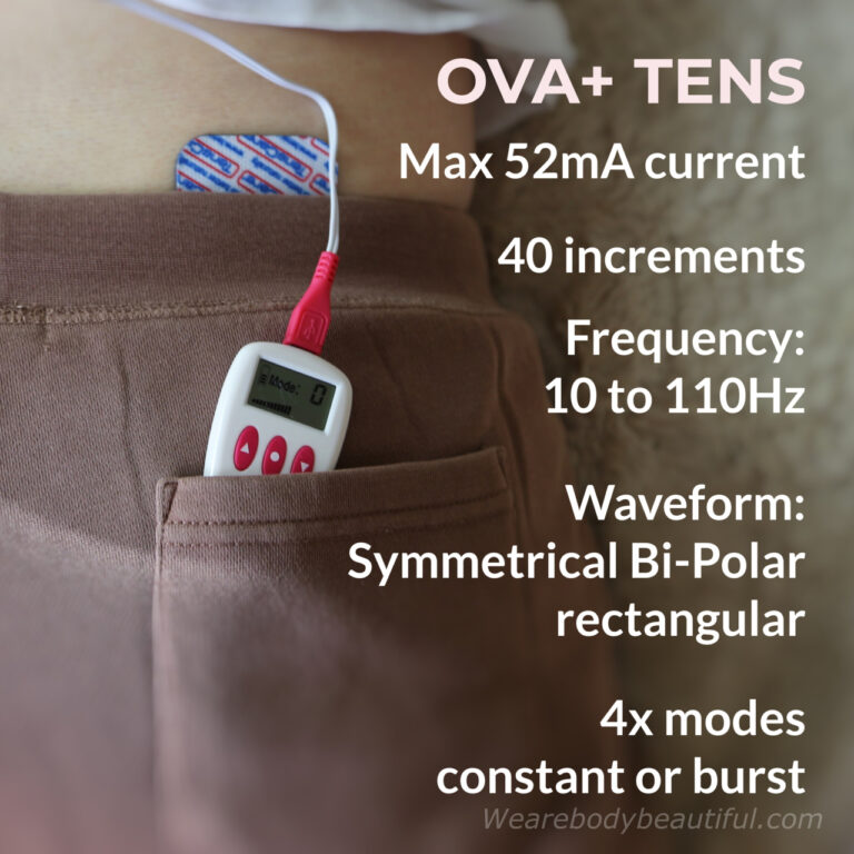 The OVA+ TENS device tech spec: Max 52mA current, 40 increments, Frequency 10 to 110Hz, Waveshape is Symmetrical Bi-Polar rectangular, with 4x modes either constant or burst.