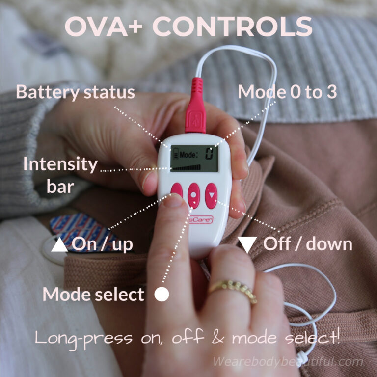 Long-press the 🔺button to turn on the OVA+ device. Long-press the 🔻 button to turn off. Long-press the centre 🔴button to cycle through the 4 modes, 0 to 3. Use the 🔺 and 🔻buttons to increase / decrease the intensity.