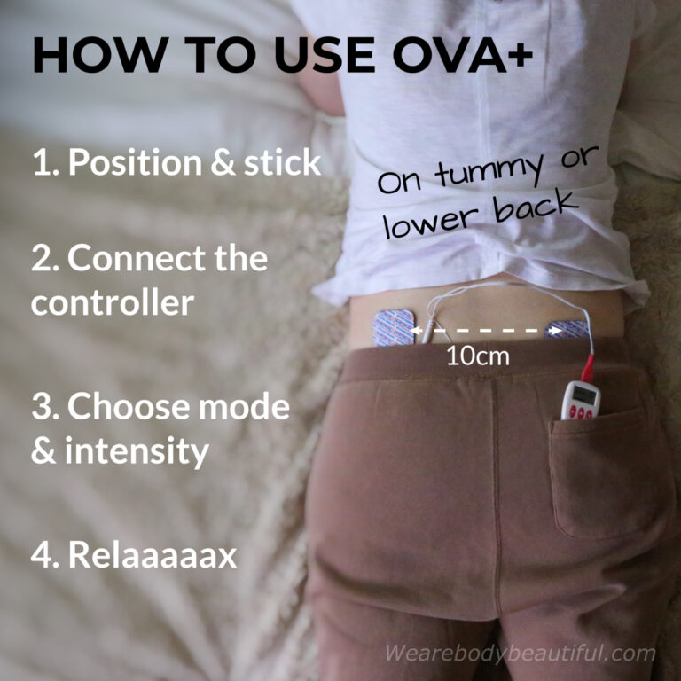 How to use the OVA+ period pain reliever: 1) Connect Y-cable & electrodes, 2) Position & stick, 3) Connect the controller, 4) Choose mode & intensity, 5) Relax