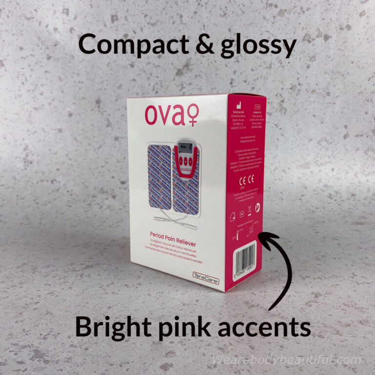 The cheerful OVA+ period pain reliever packaging is compact, white and glossy with bright pink accents