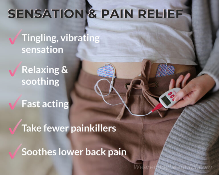 The OVA+ TENS gives a tingling, vibrating sensation. It’s relaxing & soothing, and fast acting. Using the OVA+ I can take fewer painkillers over the troublesome days of my period. And a bonus is it soothes the lower back pain that often accompanies my cramps.