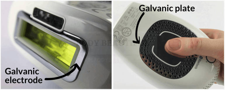 The Galvanic plate and contact electrode on the silkn Infinity create a circuit as you position, hold & flash the device