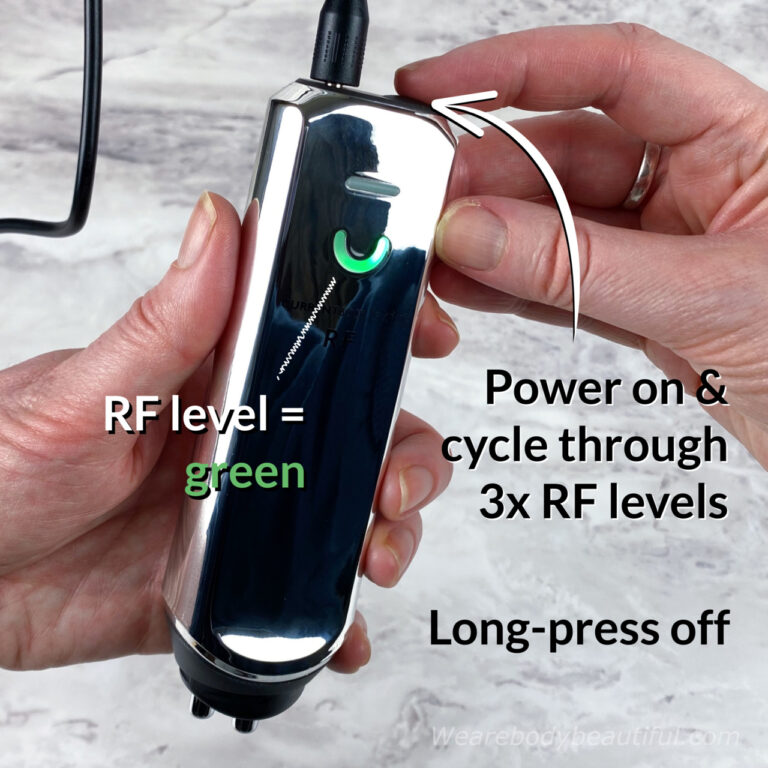 How to operate CurrentBody Skin RF: Press the button to power on, long-press to turn it off. Press the button again to cycle through the 3 RF intensity levels, shown by the green lights.